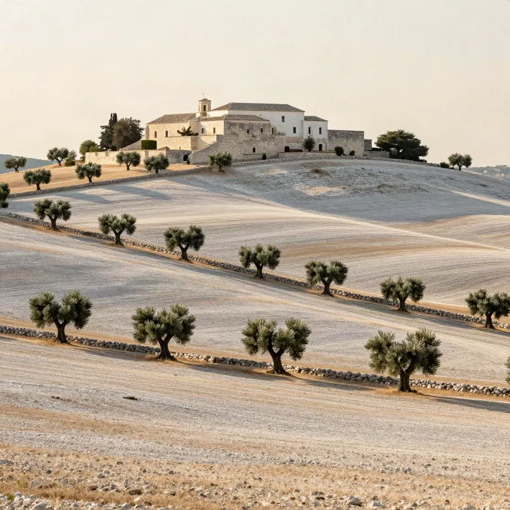 Masseria bianca in Puglia tra ulivi e campi di pietra sotto cielo pallido.