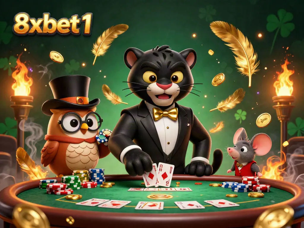 Experience engaging poker activities at 8xbet1 with a stylish animated scene featuring unique characters.