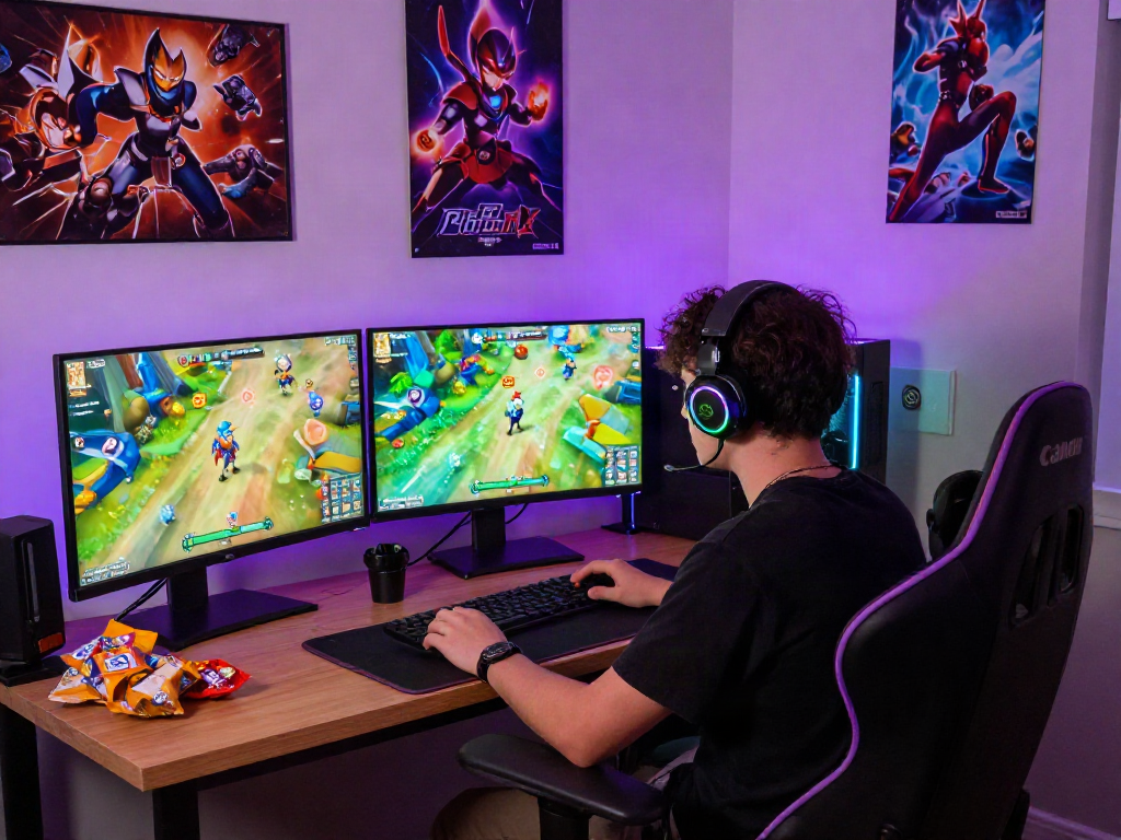 Young adult playing porn games in a cozy gaming setup with vibrant lighting and dynamic screens.