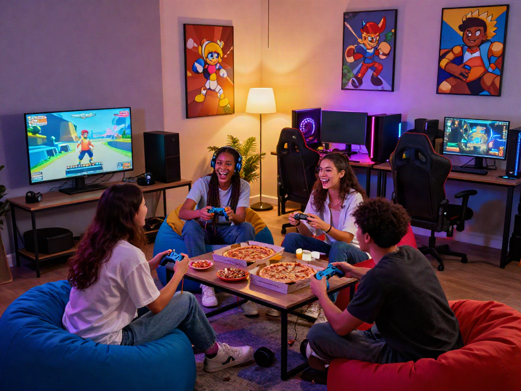 Young friends enjoying multiplayer porn games in a lively gaming lounge