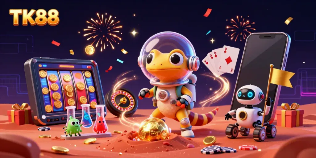 Experience TK88's thrilling games with a cartoon Martian gecko and casino fun elements.