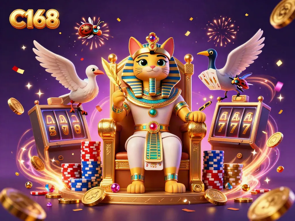 Experience exciting gameplay at C168 with a vibrant illustration of a cartoon Egyptian pharaoh cat leading the casino scene.