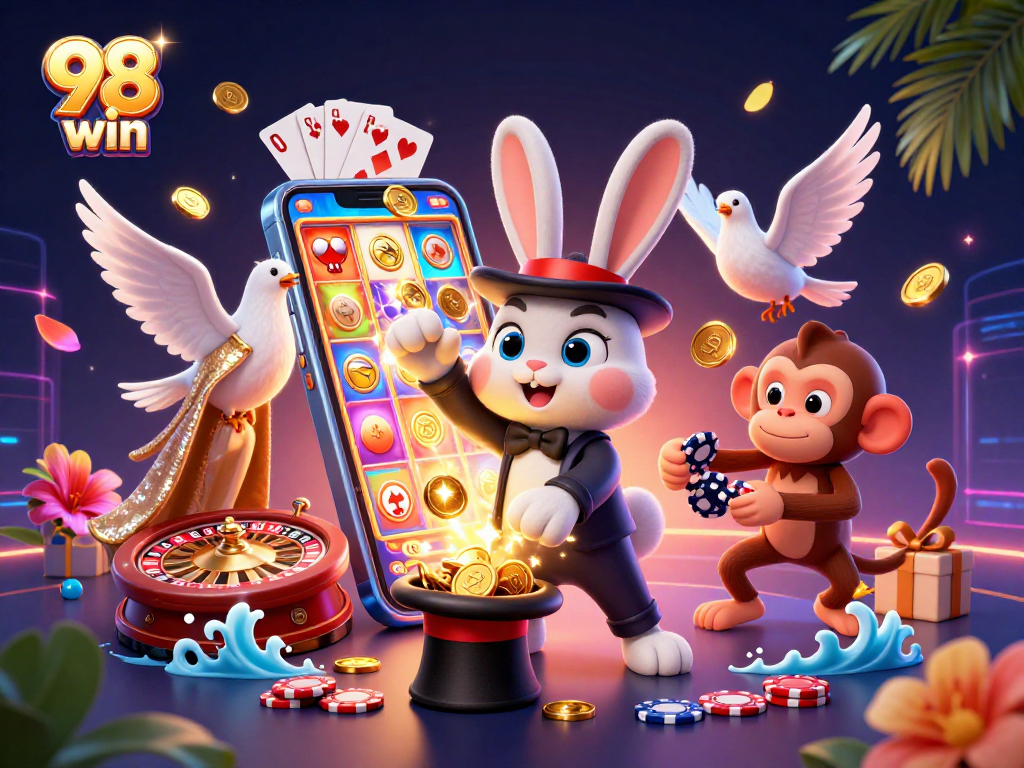 Win big at 98 win with a magical scene of a magician rabbit and casino elements.