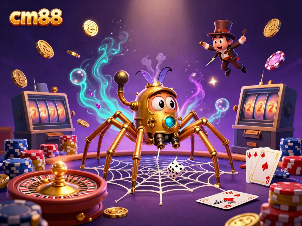 Experience thrilling winnings at cm88 with a dynamic scene featuring a steampunk spider, poker elements, and dazzling coins.