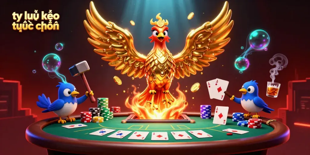 Experience the excitement of tỷ lệ kèo trực tuyến with a dynamic casino illustration featuring poker elements and molten phoenix.