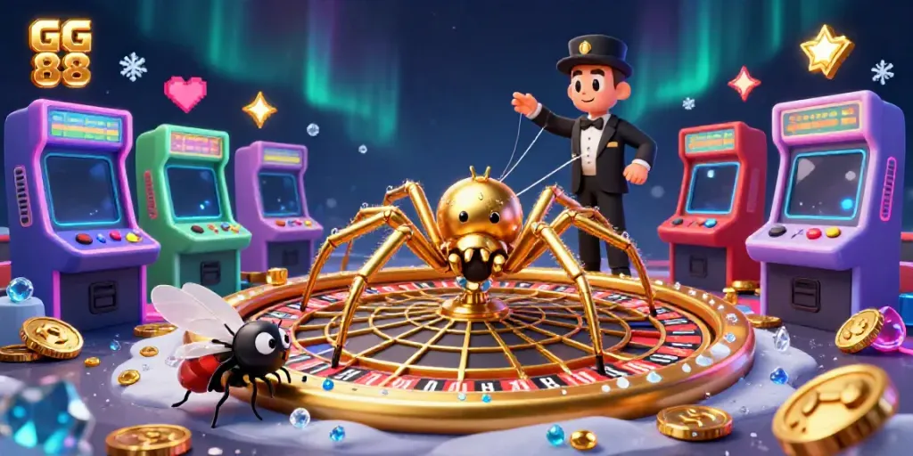 Experience the excitement of GG 88 as a golden spider weaves a roulette wheel in this vibrant casino scene.