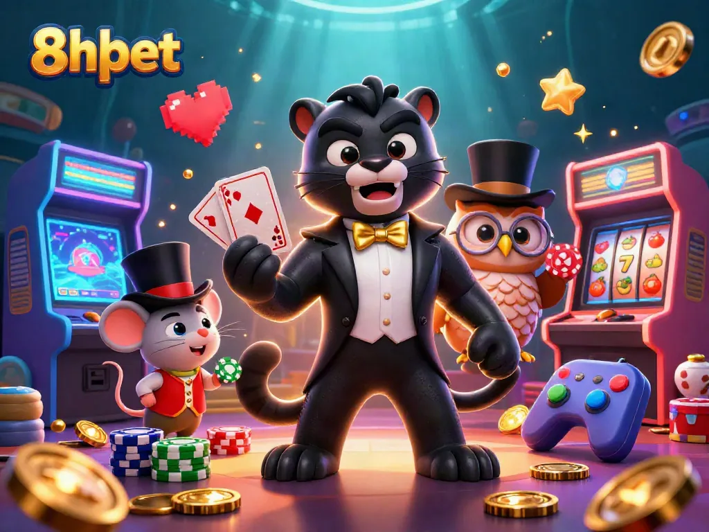 Play cards with 8xbet characters in a vibrant, 3D casino scene full of action.