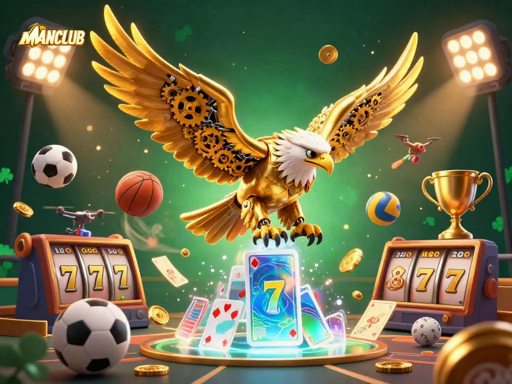 Engage with MANCLUB's vibrant games as the golden eagle dives through holographic cards and slot reels.