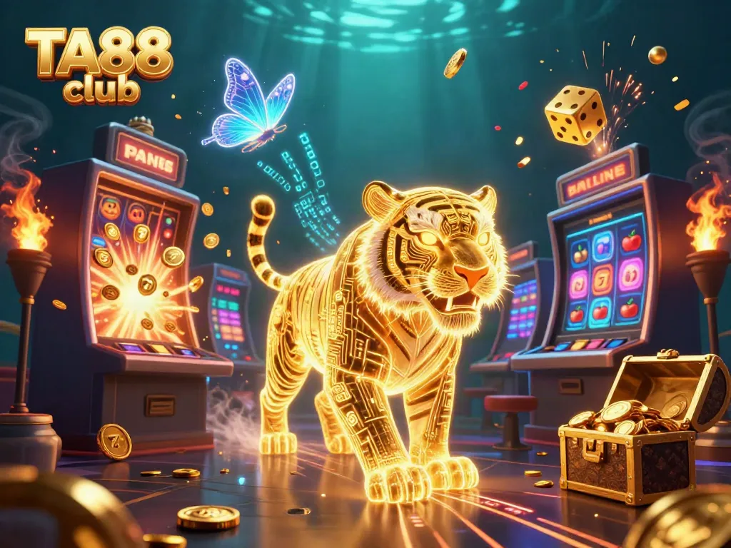 Engaging scene of TA88 club showcasing a neon-wireframe tiger among vibrant casino elements and jackpots.
