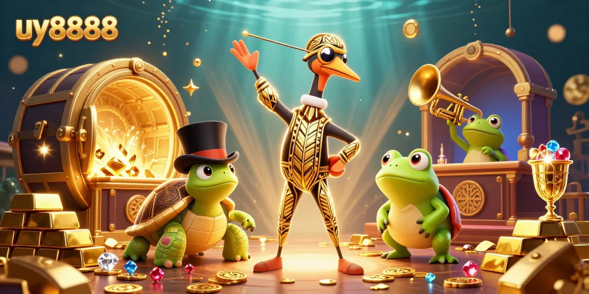 Experience the excitement of uy8888 with charming characters amidst golden treasures in this vibrant casino scene.