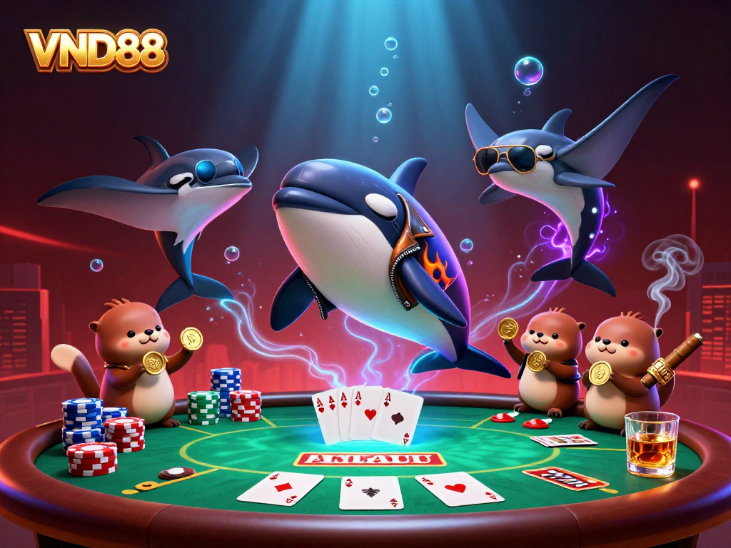 Experience the vibrant world of VND88 with a 3D cartoon scene featuring thrilling poker action and playful sea creatures.