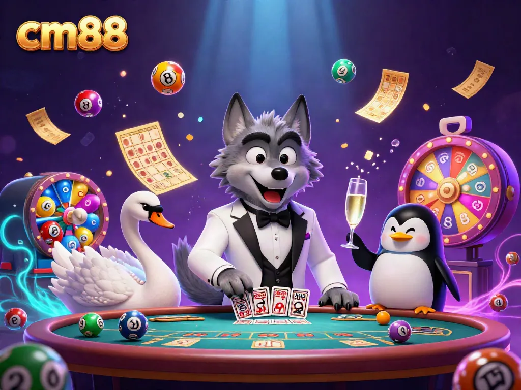 Experience gaming fun with cm88: a 3D wolf, swan, and penguin in a lavish casino!