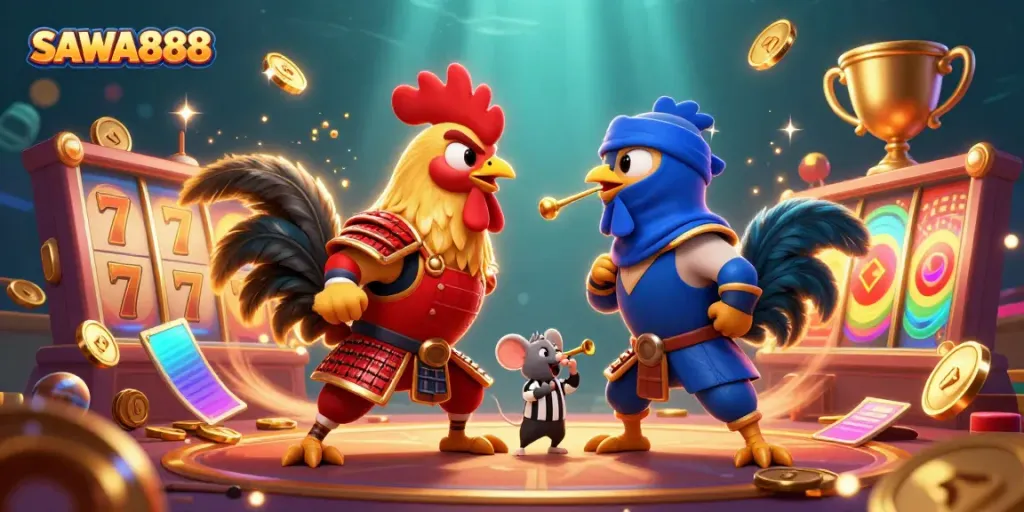 Engage in thrilling gameplay with SAWA888 featuring dynamic roosters and golden jackpot symbols.