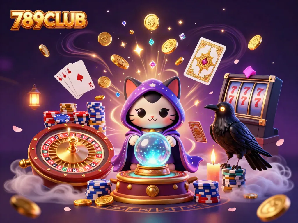 Engage with 789CLUB's thrilling casino fantasy featuring a mystic cat, glowing raven, and immersive gambling atmosphere.