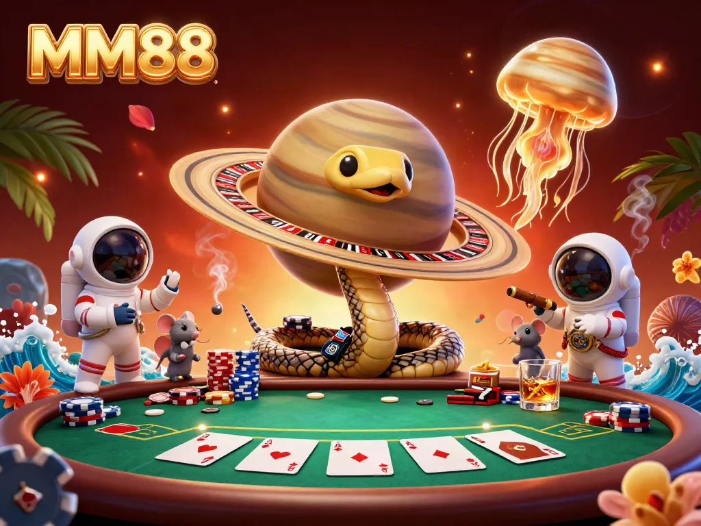 Engage with MM88's cosmic casino adventure featuring a Saturn ring snake and astronaut mice wagering on roulette rings.