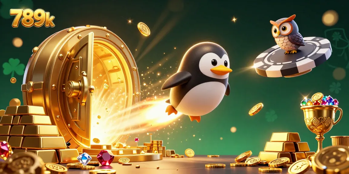 The 789k golden penguin navigates a dazzling casino space with treasures and gems.