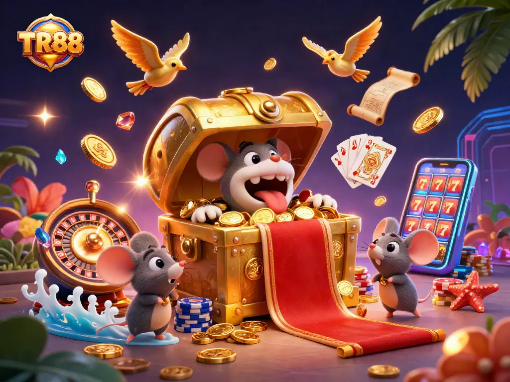 Experience fortune with the captivating TR88 casino scene, showcasing stunning gameplay elements and treasures.