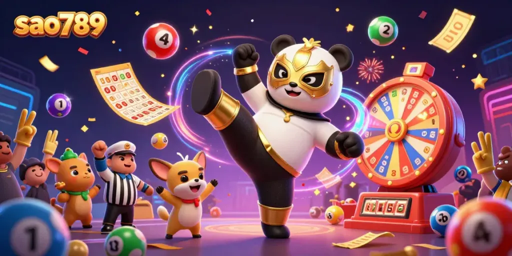 Sao789 online gaming illustration featuring a panda wrestler, a referee chihuahua, and vibrant lottery elements.