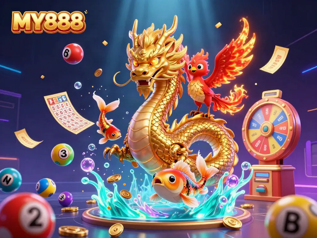 Engage with the thrilling world of MY888, featuring a majestic golden dragon, a phoenix, and vibrant lottery imagery.