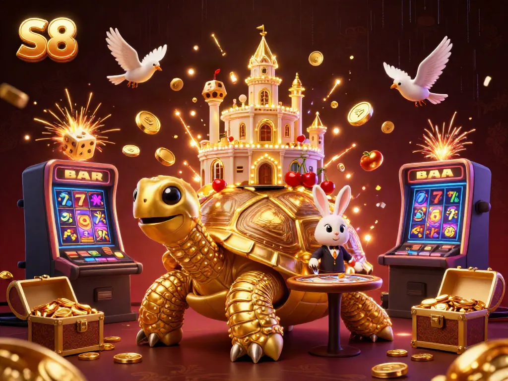 S8 brings excitement with a golden tortoise casino scene featuring a rabbit dealer and jackpots.