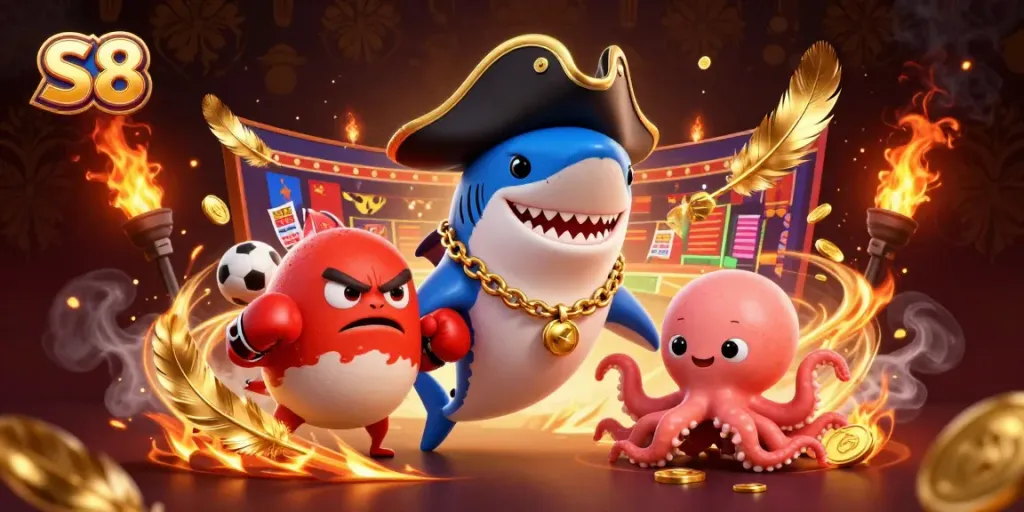 S8 sports betting scene featuring a pirate shark, pufferfish, and octopus amidst dynamic gaming elements.