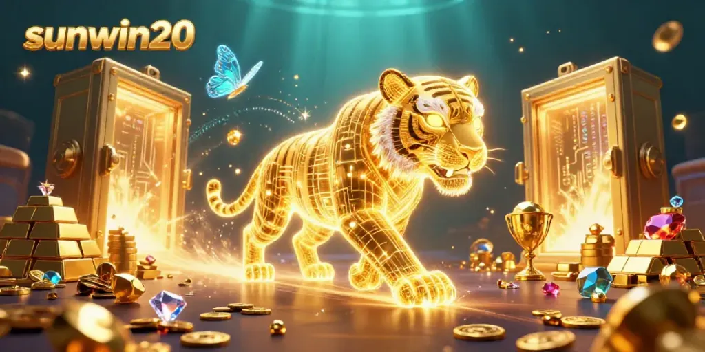 Experience sunwin20 with a vibrant neon casino scene, featuring a golden tiger and dazzling treasure.