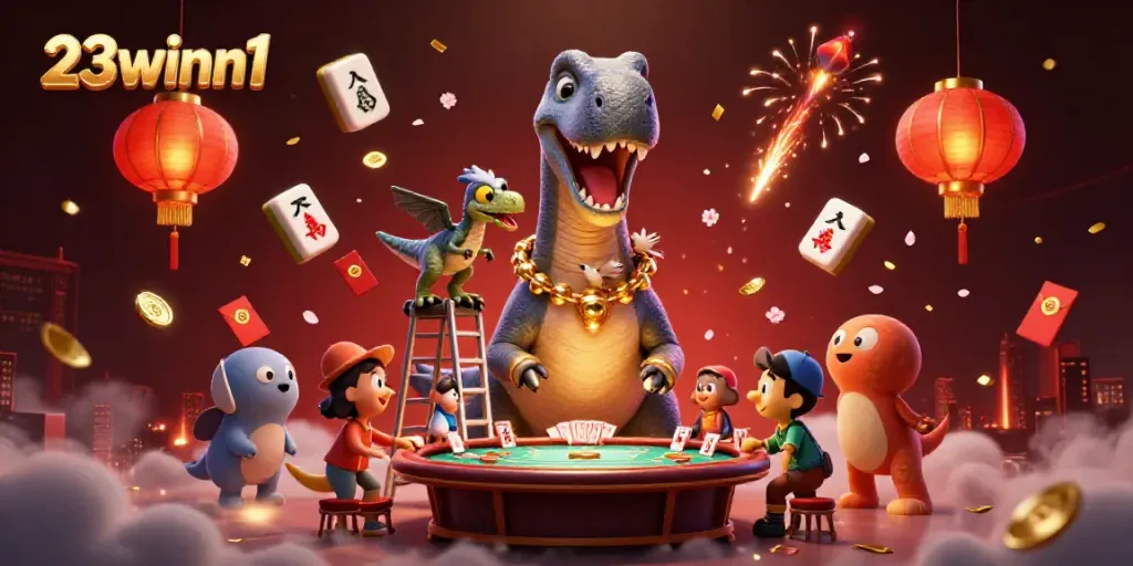 Experience thrilling casino fun with 23winn1's vibrant gambling scene featuring brave dinosaur characters.