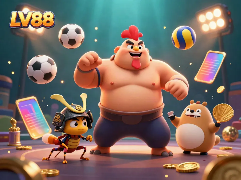 Join the excitement at LV88 with a dynamic scene featuring a sumo wrestler, cricket, and tanuki in a vibrant casino atmosphere.