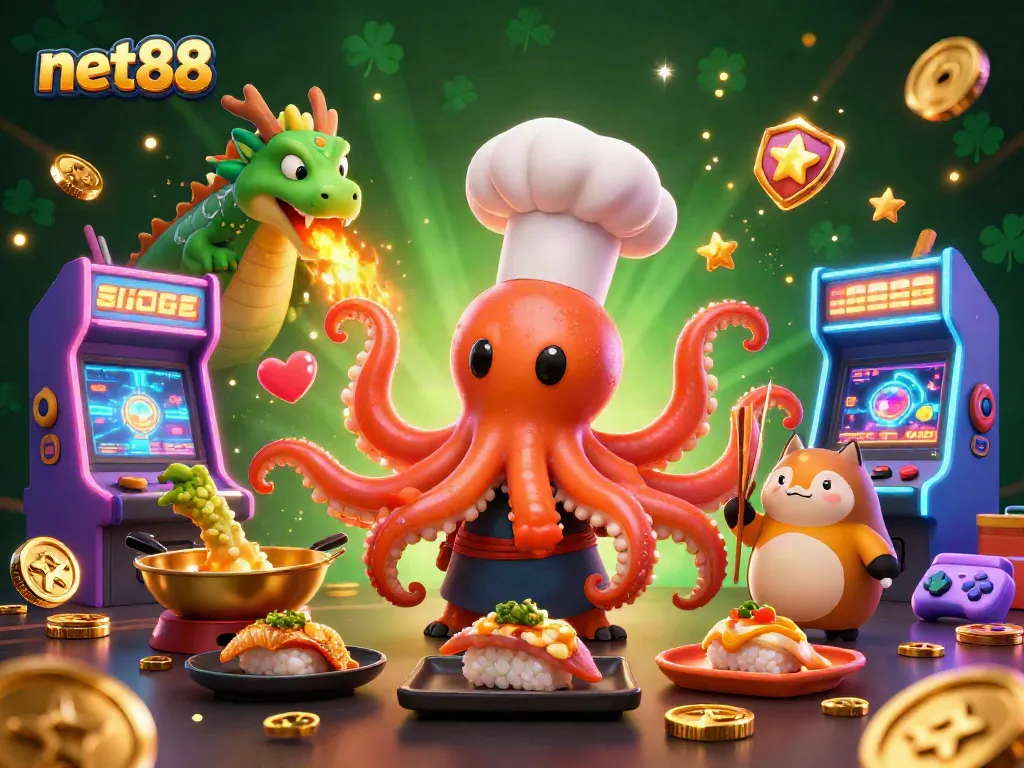 Engage with net88's dynamic gaming scene featuring an octopus chef, dragon, and tanuki.