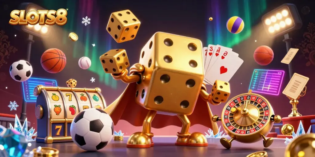 SLOTS8 showcases a vibrant casino scene with a golden dice golem and dynamic game elements, enhancing player excitement.