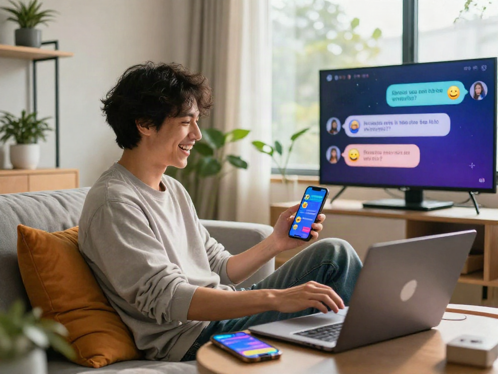User enjoying a conversation with spicy chat AI in a cozy living room, showcasing modern tech interaction.